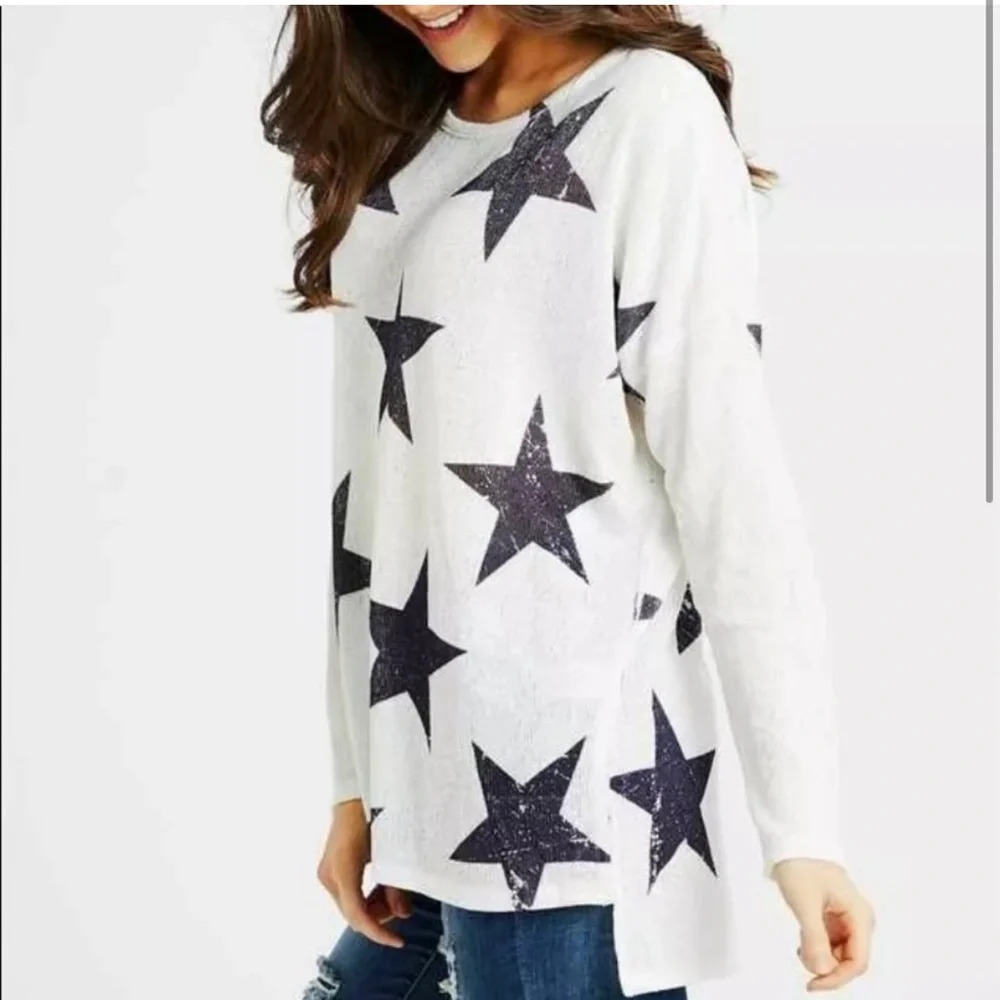 Star Print Long Sleeve Sweater Top Memorial Day 4th of July Starry Oversized - Picture 1 of 11